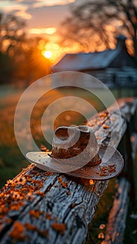 Lonesome Cowboy Hat Resting on a Barn Beam at Dusk The hat blurs with the wood
