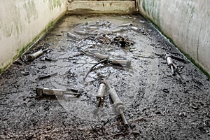 Long abandoned milking parlour located at a disused dairy farm in the UK