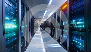 Long server room aisle with rows of illuminated racks and colorful light reflections data center