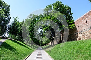 Long alley and green trees in the Citadel Park Parcul Cetatii, in the historical center of the Sibiu city, in Transylvania