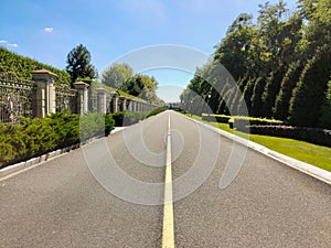 A long asphalt empty road in perspective between a decorated fence and a park with rows of trees