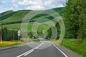 A long asphalt road with a white dividing strip against the backdrop of high mountains with green grass, yellow flowers and trees