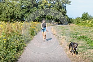 Long automatic dog leash. Woman on a walk with a dog american stafford