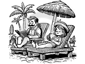 Long awaited vacation for a married couple. Relaxation on the beach. Coloring book. Generative ai. photo