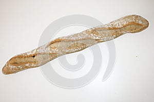 Long baguette on white background