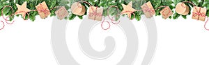 Long banner. Christmas decoration gift boxes. Pine border