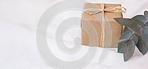 Long banner header gift box in craft paper branch of silver dollar eucalyptus on white linen fabric. Template for store coupon