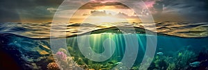 Long banner with underwater world and blue sky with clouds and the sun's rays shine through the water . Transparent