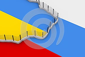 Long Barbed Wire Fence Between Russia and Ukraine Map in Colors of Russian and Ukrainian Flags. 3d Rendering