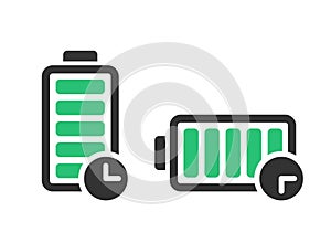 Long battery life icon in flat style. Battery charging process vector illustration on isolated background. Accumulator recharge