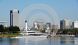 Long Beach, California, U.S.A - November 12, 2022 - Catalina Express boat with the background of the buildings in the city along