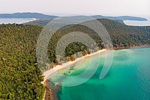 Long Beach on Koh Rong island in Cambodia, South-East Asia. top view, aerial view of beautiful tropical island in Gulf of Thailand