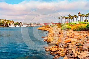 Long Beach lighthouse stands high above Rainbow Harbor and Shoreline Village in Long Beach