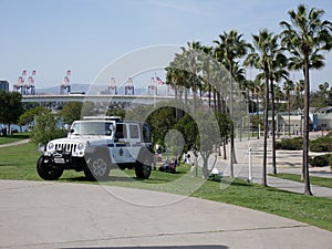 Long Beach Los Angeles Police patrol car - promenade, jeep and port cranes