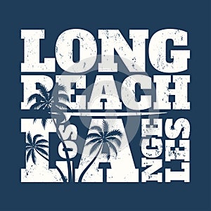 Long Beach tee print with surfboard and palms.