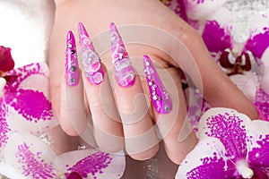 Long beautiful manicure with flowers on female fingers. Nails design. Close-up