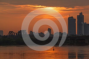 Long Bien bridge over in sunset. Hanoi, Vietnam Longbien