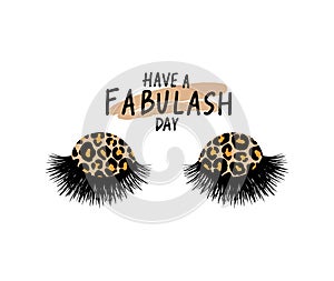 Long black lashes vector illustration. Leopard print eyeshadow. Beautiful Eyelashes isolated on white. For beauty salon