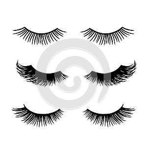 Long black lashes vector set. Different types Beautiful Eyelashes