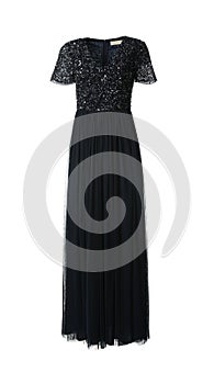 Long black party dress with paillettes on white background