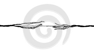 Long black thread on the verge of breaking, isolated on white background. Break the tough black rope. Rope under pressure on a