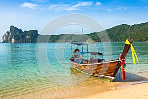 Long boat and tropical beach, Andaman Sea,Phi Phi Islands,Thailand