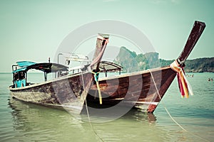 Long boat and tropical beach, Andaman Sea,Phi Phi Islands,Thailand