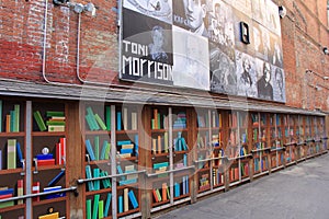 Long brick wall with wonderful street art,Boston,Mass,2016