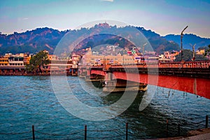 Long bridge over the Ganga river during morning time in Haridwar India