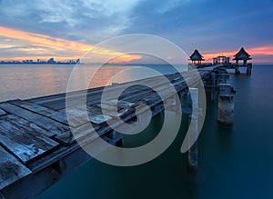 The long bridge over the sea with a beautiful sunrise, Thailand