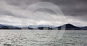 Long bridge of the thousand Island Lake in cloudy day, adobe rgb photo