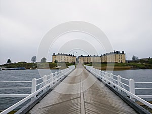 Long bridge to the island with old houses