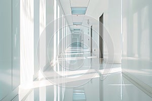 Long bright corridor in scientific laboratory building. Clean white hallway. Generative AI