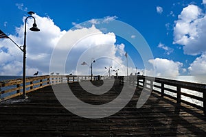 A long brown wooden pier with seagulls standing and in flight on the pier with American flags flying from curved light posts