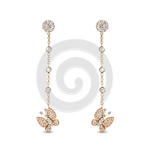 Long butterfly earrings on a pink gold chain with diamonds