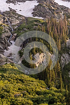 Long Cascade Tumbles Down Below Tree Line In Rocky Mountain