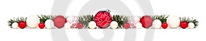 Long Christmas border of red and white ornaments and branches isolated on white