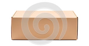 Long closed rectangle blank brown cardboard box, side view.