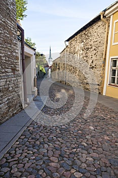 Long cobble stone street in Tallinn, Estonia