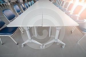 Long Conference table and chairs . Before conference in the boardroom office interior