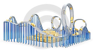 Long conveyor belt in the form of rollercoaster with hills and downturns and loops, boxes moves along the line, conveyor delivery