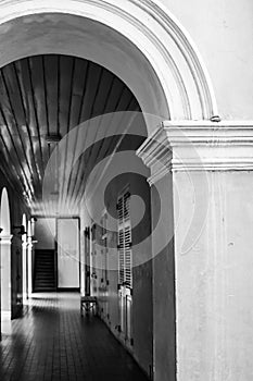 Long corridor of arches entrance to the ancient building