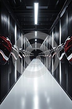 Sleek Modern Data Center Corridor with Illuminated Server Racks