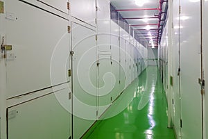 Long corridor, green floor and cart, self-storage facilities interior photo