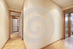 Long corridor of a house with French oak parquet flooring and door carpentry of the same material