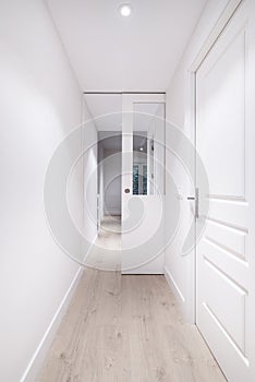 A long corridor of a house with light wooden flooring