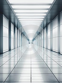 Long corridor in modern office building with glowing lights.