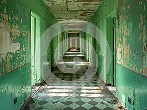A long corridor in an old hospital building with shabby green walls