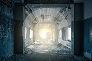 Long corridor or tunnel in haunted and ruined abandoned industrial building. Light in the end of tunnel. Way to freedom