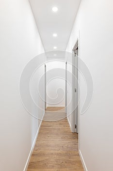 Long corridor with white smooth walls, bright light pours from spotlights from the ceiling, wooden laminate flooring